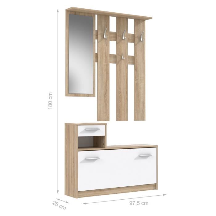 Peili Vestiaire Dentree Avec Miroir Scandinave Decor Chene Et Blanc L 97 Cm