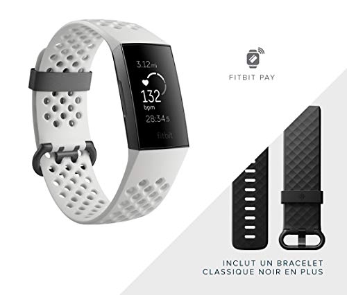 Fitbit Bracelet Connecte Sport Charge 3 Speciale Edition Blanc Givre Et Graphite