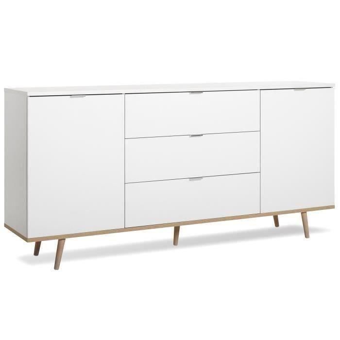 Buffet Bas Decor Chene Et Blanc Scandinave 2 Portes Et 3 Tiroirs Goeteborg L 180 Cm