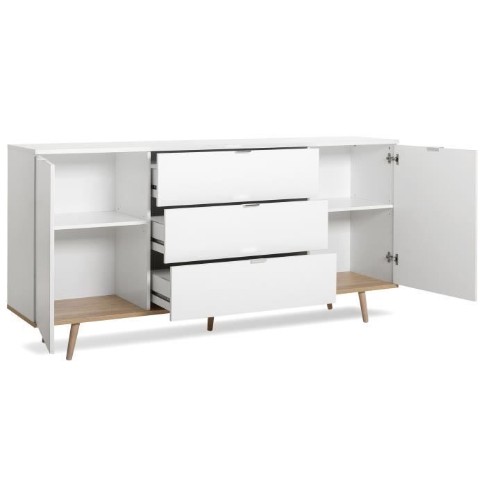 Buffet Bas Decor Chene Et Blanc Scandinave 2 Portes Et 3 Tiroirs Goeteborg L 180 Cm