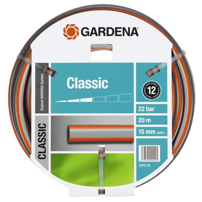 Tuyau D'arrosage Classic Gardena - Longueur 20m - Ø15mm - Haute Resistance Pression 22 Bar - Garantie 12 Ans