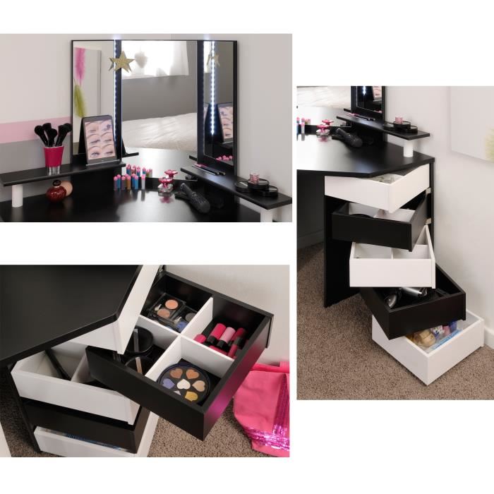 Coiffeuse Dangle Avec Leds Integrees 5 Tiroirs Coloris Noir Et Blanc