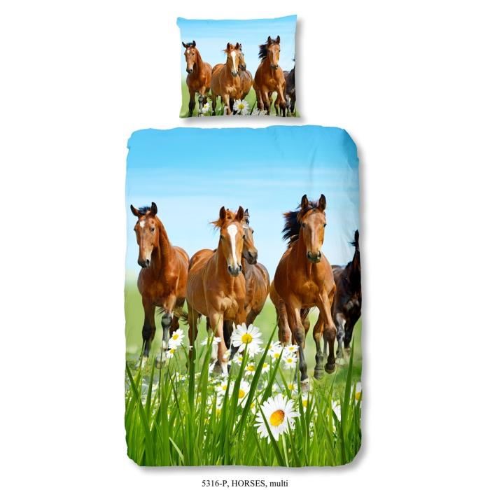 Housse De Couette Good Morning Horses - 1 Personne - 140x200/220 Cm - Multicolore