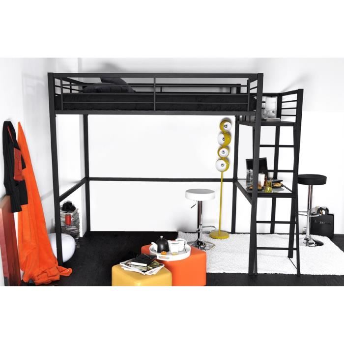 Grafik Lit Mezzanine Adulte Avec Sommier + Bureau Contemporain En Metal Laque Epoxy Anthracite - L 140 X L 190 Cm