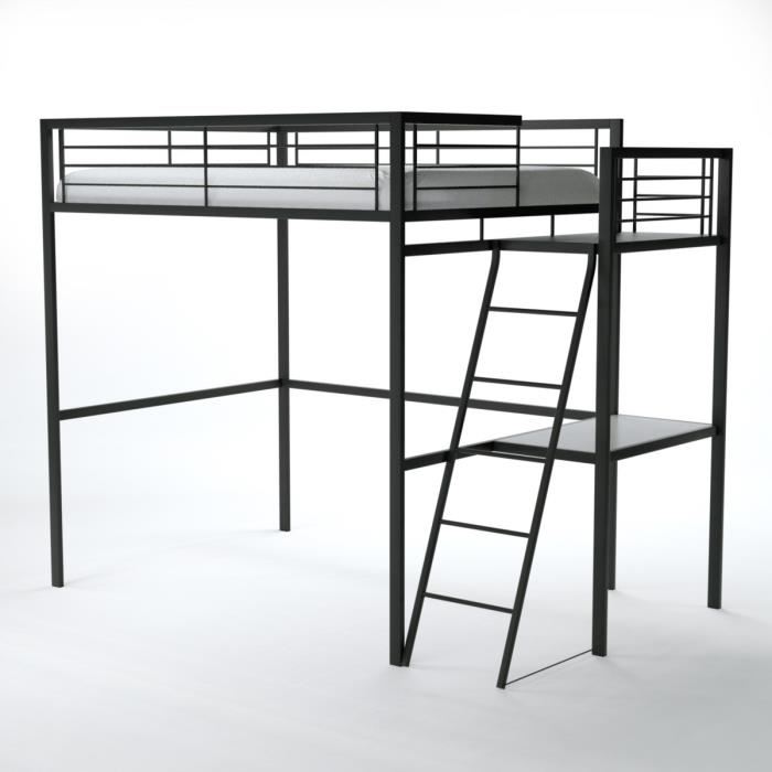 GRAFIK Lit mezzanine adulte avec sommier bureau contemporain en metal laque epoxy anthracite l 140 x L 190 cm