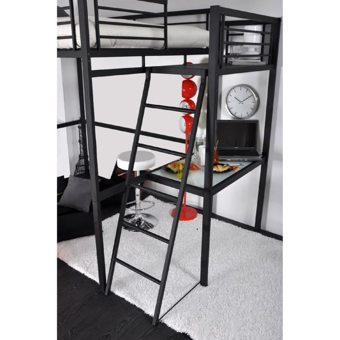 Grafik Lit Mezzanine Adulte Avec Sommier + Bureau Contemporain En Metal Laque Epoxy Anthracite - L 140 X L 190 Cm