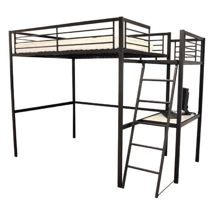 Grafik Lit Mezzanine Adulte Avec Sommier + Bureau Contemporain En Metal Laque Epoxy Anthracite - L 140 X L 190 Cm