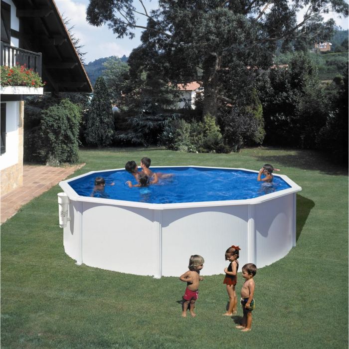 Gre Kit Piscine Hors Sol Acier Blanche Ronde O370 X H122 Cm Livree Echelle De Securite Filtre A Cartouche