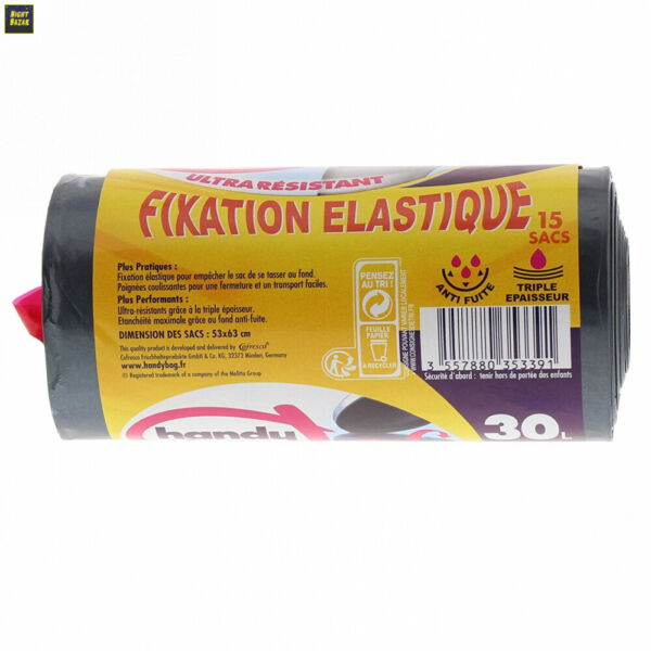 Handy Bag Lot De 4 Rouleaux De 15 Sacs - 30 L - Fixation Elastique