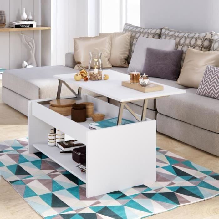 Table Basse Relevable Style Contemporain Blanc Mat L 100 X P50 X H44cm Happy