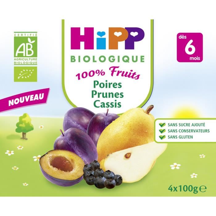 Hipp Bio 100% Fruits Coupelle Poires Prunes Cassis +6m Lot De 4 X 100g
