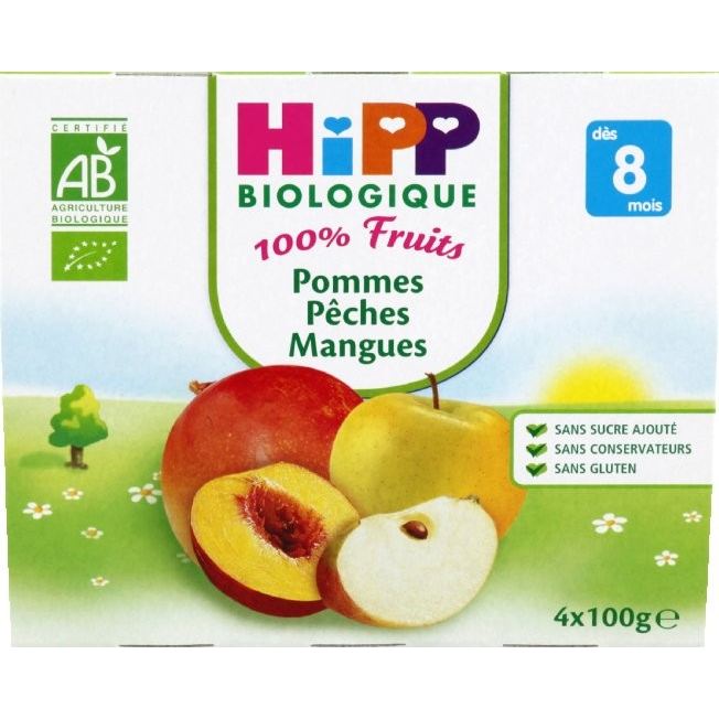 Hipp Bio 100% Fruits Coupelle Pommes Peches Mangues +8m Lot De 4 X 100g