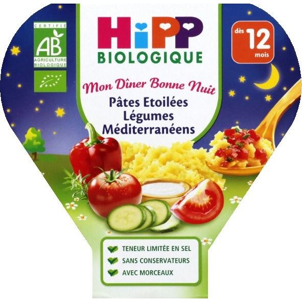 Hipp Bio Mon Dîner Bonne Nuit Assiette Pates Etoilees Legumes Mediterraneens +12m 230g