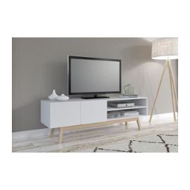 HOME Meuble TV scandinave laque blanc pietement en bois massif L 160 cm