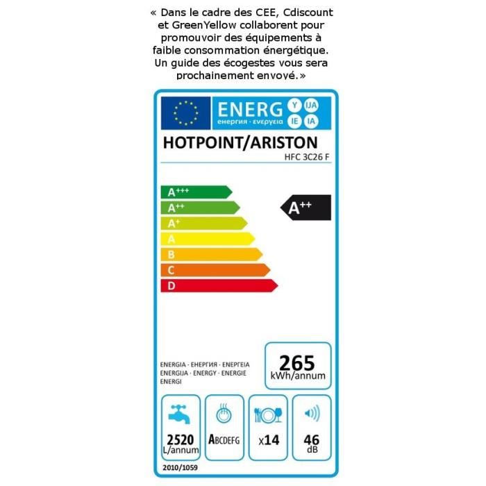 Lave Vaisselle Posable Hotpoint Hfc 3c26 F L60 Cm 14 Couverts 46 Db Classe A Moteur Induction