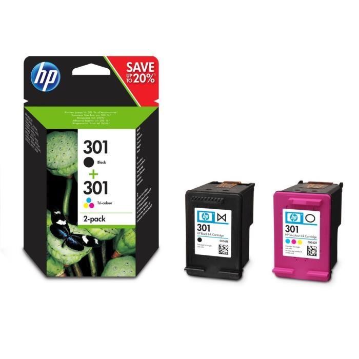 Hp 301 Pack De 2 Cartouches Dencre Noire Et Trois Couleurs Authentiques N9j72ae Pour Hp Envy 4505 Deskjet 1050151225483057a