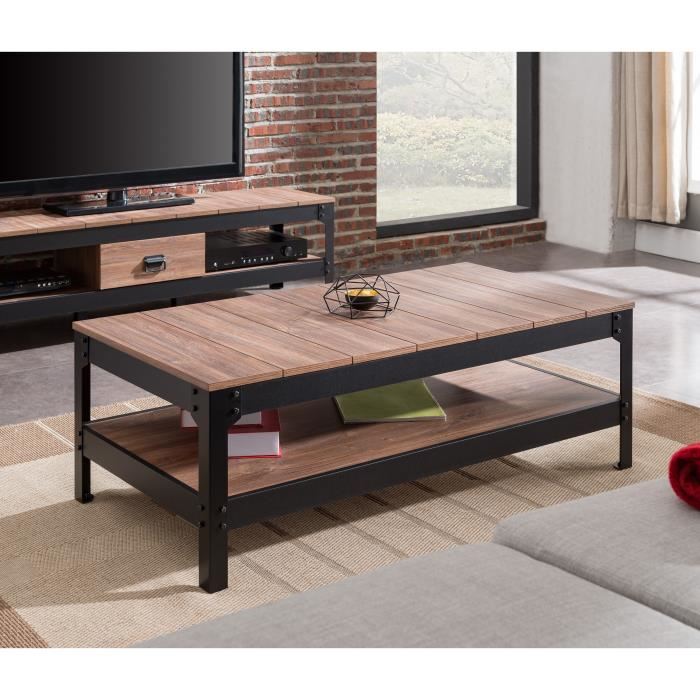 Table Basse Industrielle Industrie Effet Bois Et Noir Mat L 117 X L 59 Cm Pieds Metal