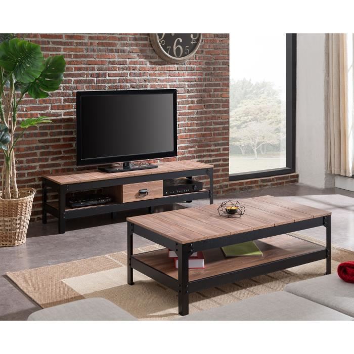 Table Basse Industrielle Industrie Effet Bois Et Noir Mat L 117 X L 59 Cm Pieds Metal