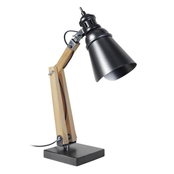 Tosel Lampe A Poser Metal Bois Naturel H66cm Abat-jour Anthracite