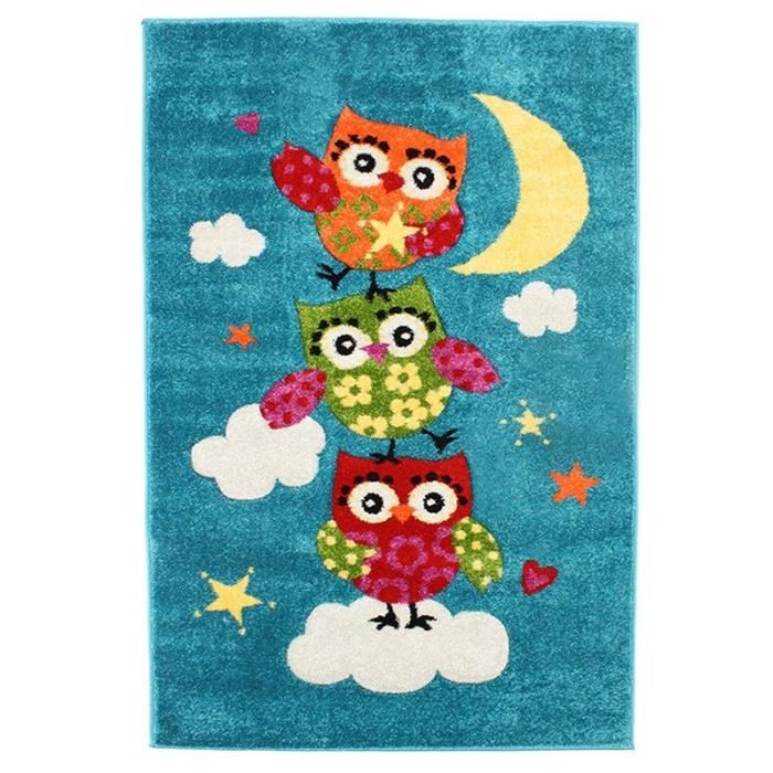 Chouettes Fuji Tapis Chambre Enfant Doux Et Moelleux Motifs Chouettes Sur Un Arbre Colorees 100 X 150 Cm Bleu