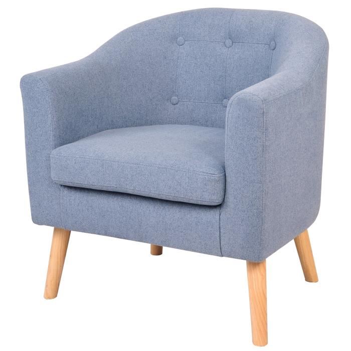 Joyce Fauteuil Pieds Bois Hevea Massif - Tissu Effet Feutrine - Bleu - Scandinave - L 70 X P 64 Cm