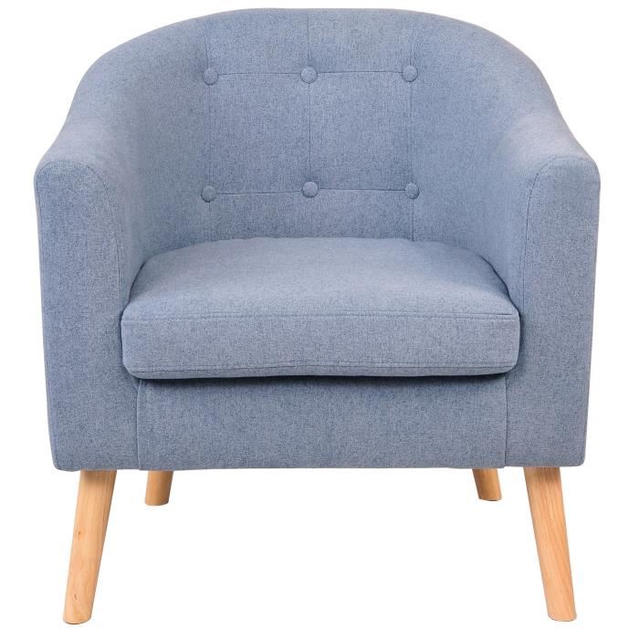 Joyce Fauteuil Pieds Bois Hevea Massif - Tissu Effet Feutrine - Bleu - Scandinave - L 70 X P 64 Cm