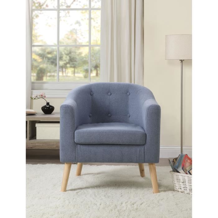 Joyce Fauteuil Pieds Bois Hevea Massif - Tissu Effet Feutrine - Bleu - Scandinave - L 70 X P 64 Cm