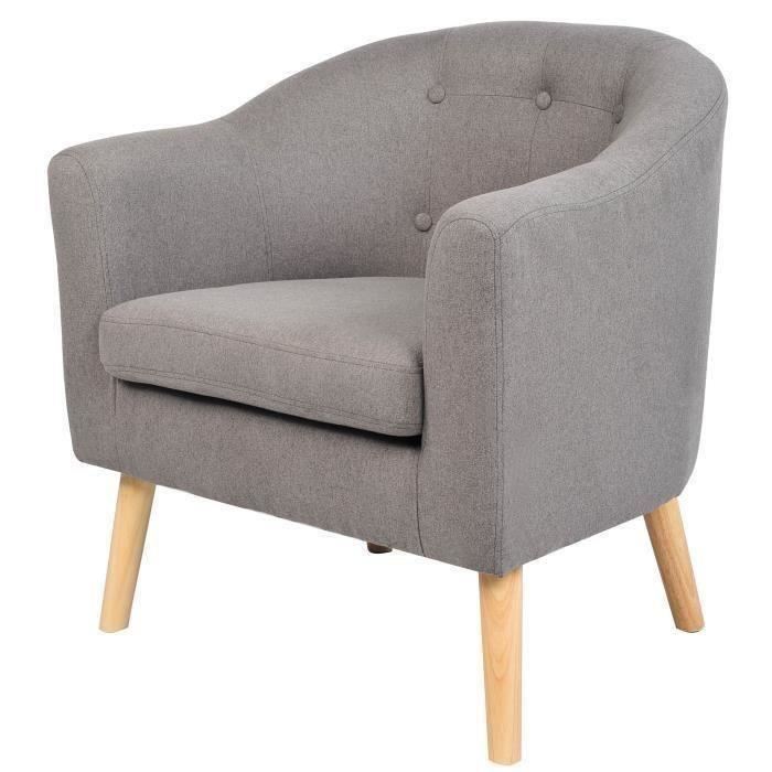 Joyce Fauteuil Pieds Bois Hevea Massif - Tissu Effet Feutrine - Gris - Scandinave - L 70 X P 64 Cm