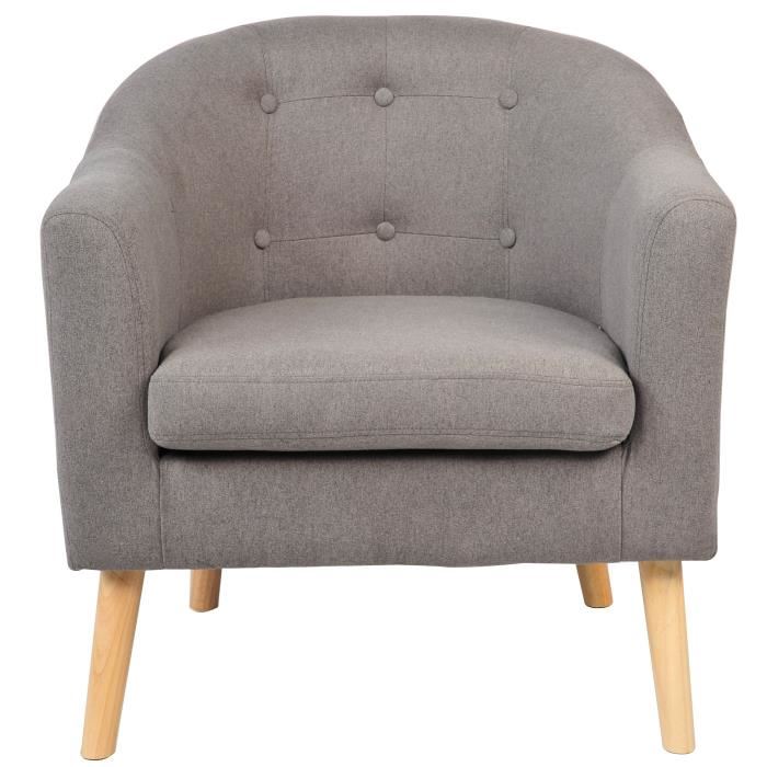 Joyce Fauteuil Pieds Bois Hevea Massif - Tissu Effet Feutrine - Gris - Scandinave - L 70 X P 64 Cm