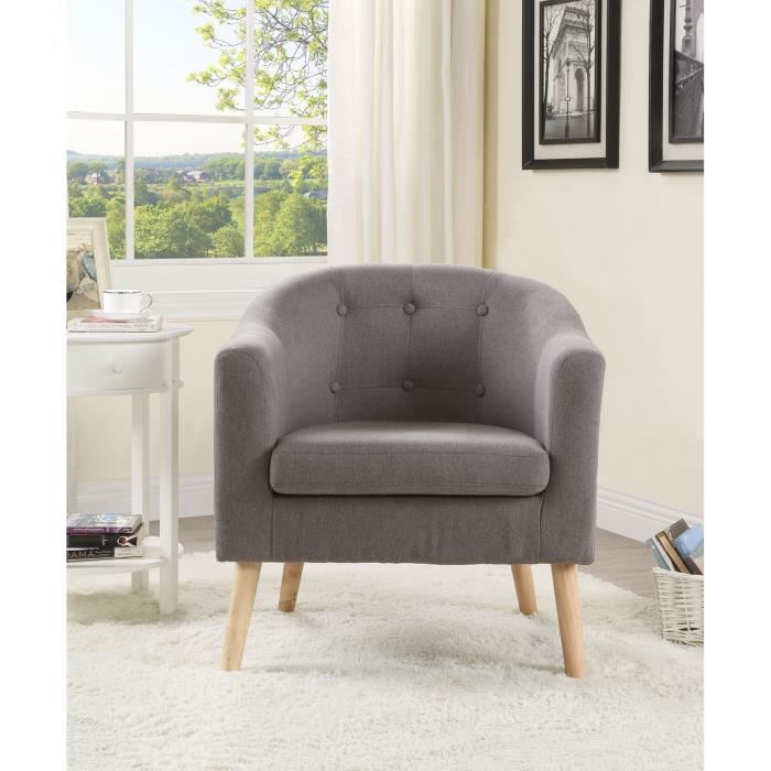 Joyce Fauteuil Pieds Bois Hevea Massif - Tissu Effet Feutrine - Gris - Scandinave - L 70 X P 64 Cm