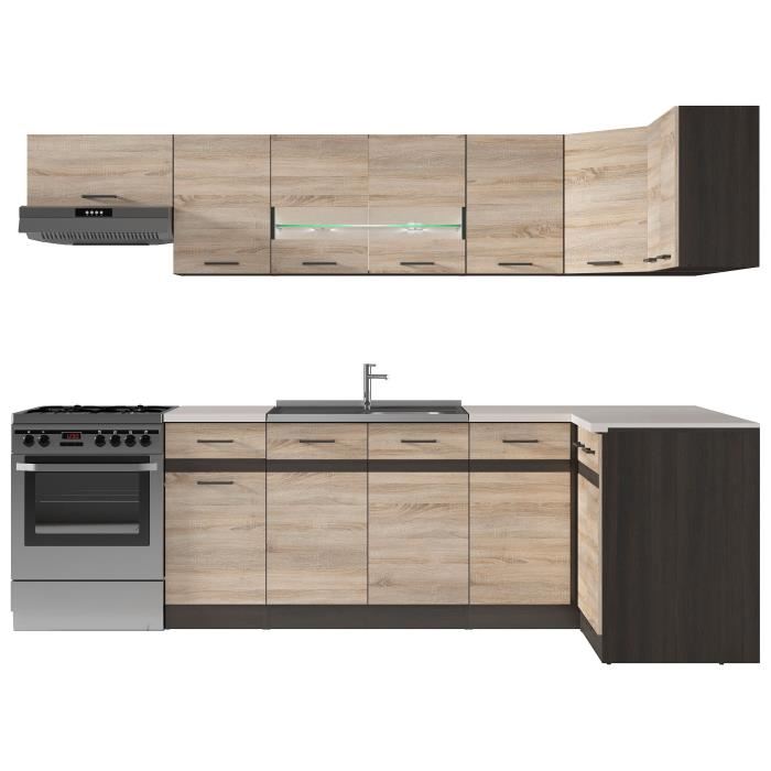 JUNONA Cuisine d'angle complete avec eclairage LED et plan de travail L 3m40 - Decor chene sonoma