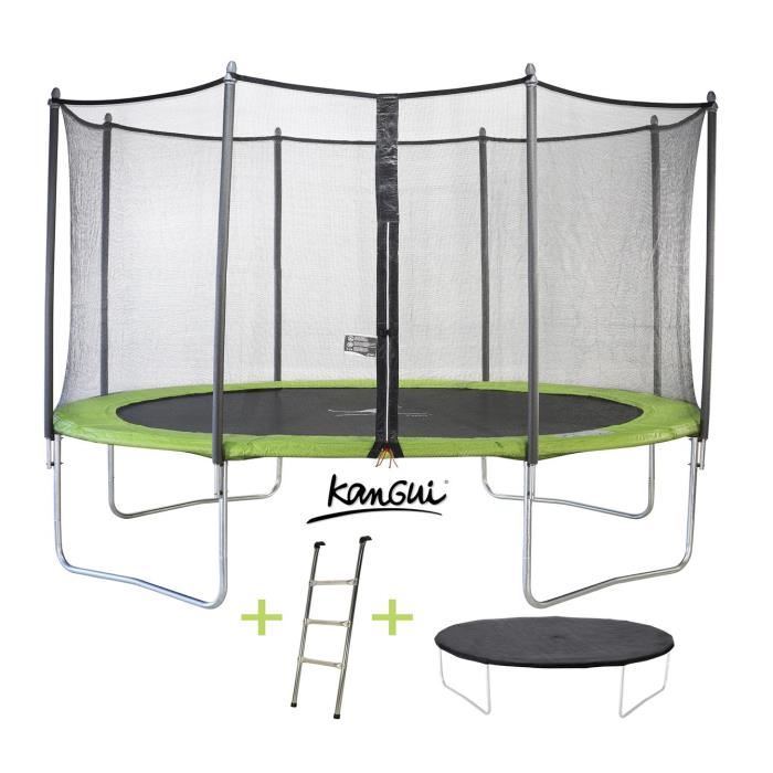 Kangui Trampoline Twin O 360cm Vert Avec Filet Echelle Couverture De Protection