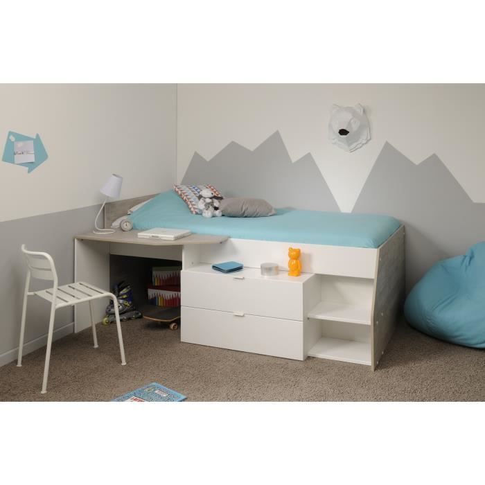 Lit Combine Enfant Contemporain Parisot Kim Gris Loft Et Blanc L 90 X L 190 Ou 200 Cm