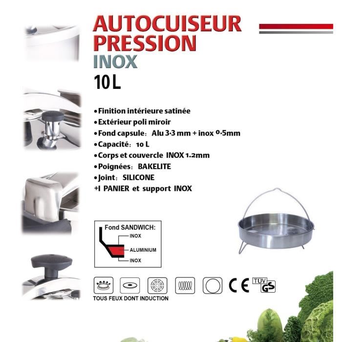 Kitchen Move Autocuiseur Panier Vapeur 10 L Gris Et Noir Tous Feux Dont Induction