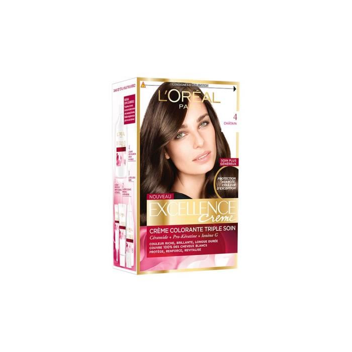 Loreal Paris Excellence Coloration Permanente Chatain 4 ? Kit 3 Etapes (creme Shampooing Soin Masque)