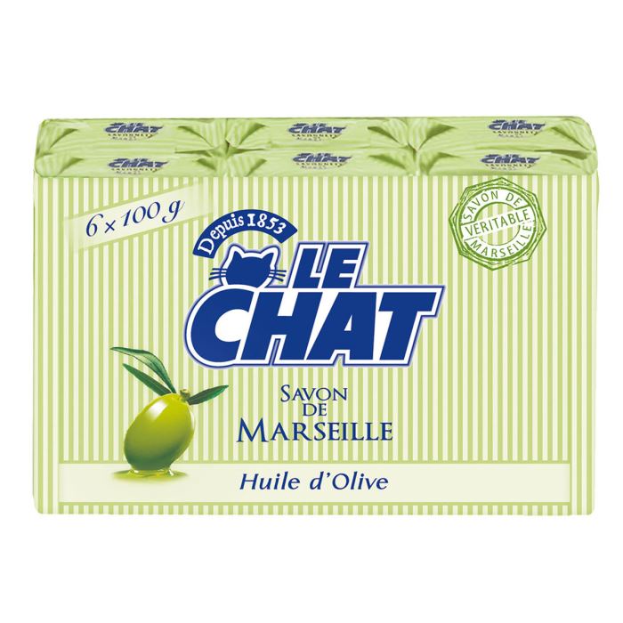 LE CHAT Pack de 6 Savons de Marseille Solide - Huile d'Olive - 100 g