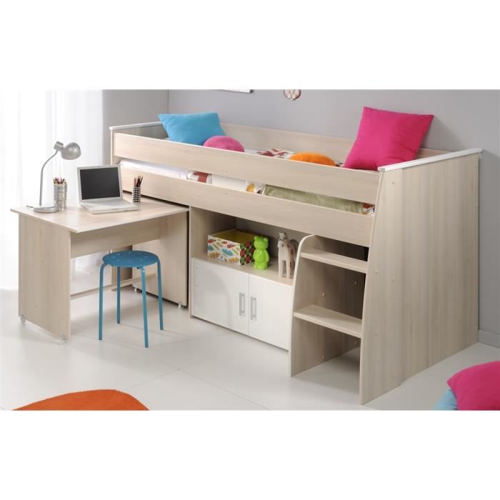 Lit Combine Enfant Parisot Zola 90x200 Cm 2 Portes Avec Bureau Decor Acacia Clair Et Blanc