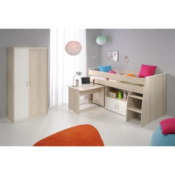 Lit Combine Enfant Parisot Zola 90x200 Cm 2 Portes Avec Bureau Decor Acacia Clair Et Blanc