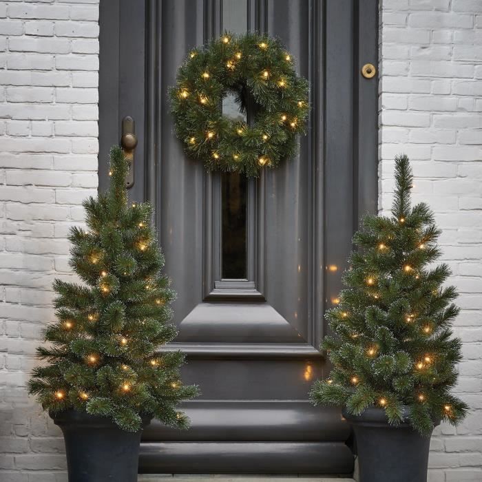 Lot de 2 sapins de Noel Glendon 1 couronne LED Fonctionnant a pile PVC H 90 x O 45 cm Vert givre