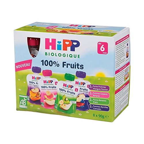 Hipp Bio 100% Fruits Gourde Multipack 4 varietes +6m Lot de 8 x 90g