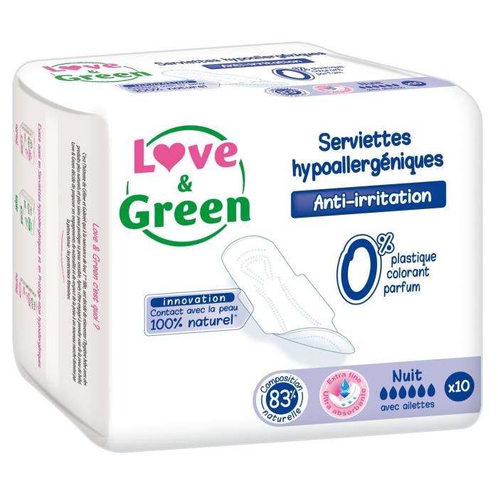 Love & Green Serviettes Nuit Hypoallergeniques 0% X10