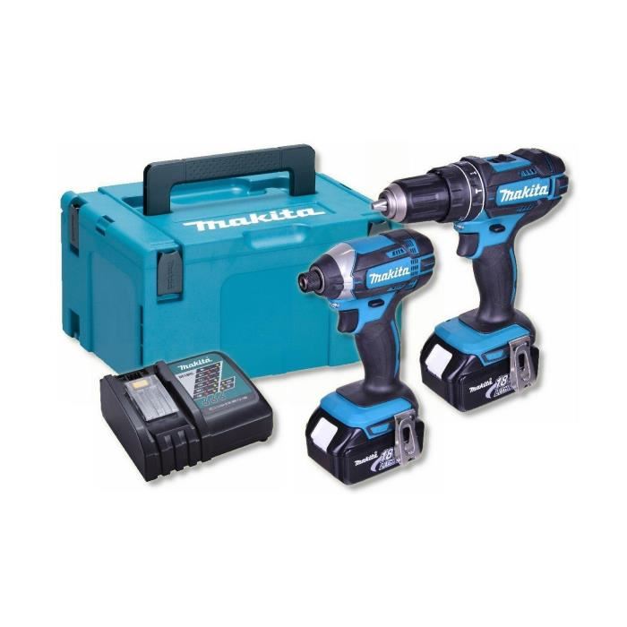 Makita Perceuse Visseuse A Percussion Et Visseuse A Chocs Avec 2 Batteries 18v 3ah Li-ion
