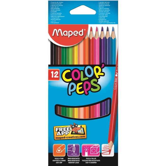 Etui de 12 crayons de couleur Colorpeps de Maped. Coloris assortis. Mine tendre et resistante. Crayon facile a tailler. Corps de forme triangulaire pour une excellente prise en main, une utilisation facile et confortable. Etui de 12 crayons de couleur Co