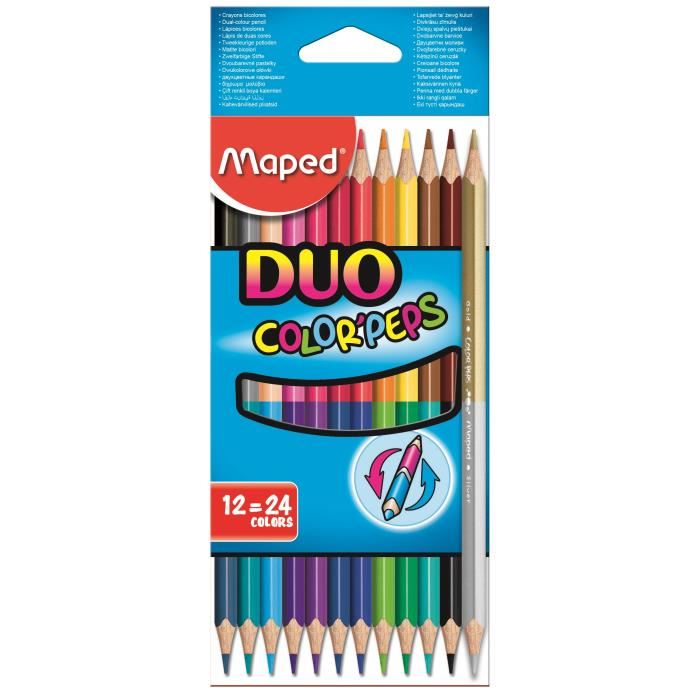 Etui de 12 crayons de couleurs Maped Colorpeps Duo. Pochette de 12 crayons (24 couleurs) de couleurs. Corps de forme triangulaire Marquage du prenom sur le crayon. Contient un crayon or/argent ! Etui de 12 crayons de couleurs Colorpeps Duo Maped - 24 cou