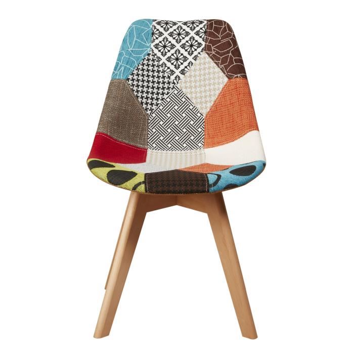 MARTINS Chaise en tissu patchwork bleu + pieds en bois naturel - Scandinave - L 