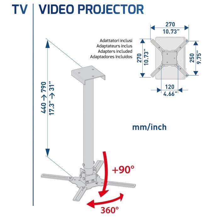 Meliconi - Support Plafond Noir Pour Tv Ou Videoprojecteur - 360° - Inclinaison A 45° - Vesa 400 - Hauteur Reglable
