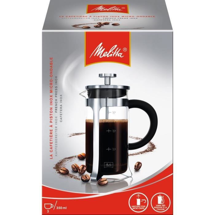 Melitta Cafetiere A Piston Micro Ondable Premium En Verre Et Inox 3 Tasses