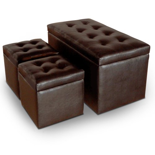 Banquette Coffre Valence + 2 Poufs Marron