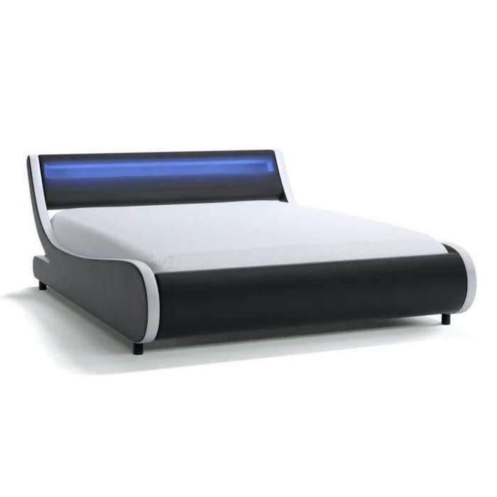 Lit Adulte Contemporain Mercure Simili Noir Et Blanc Sommier Et Tete De Lit Led Inclus L 160 X L 200 Cm