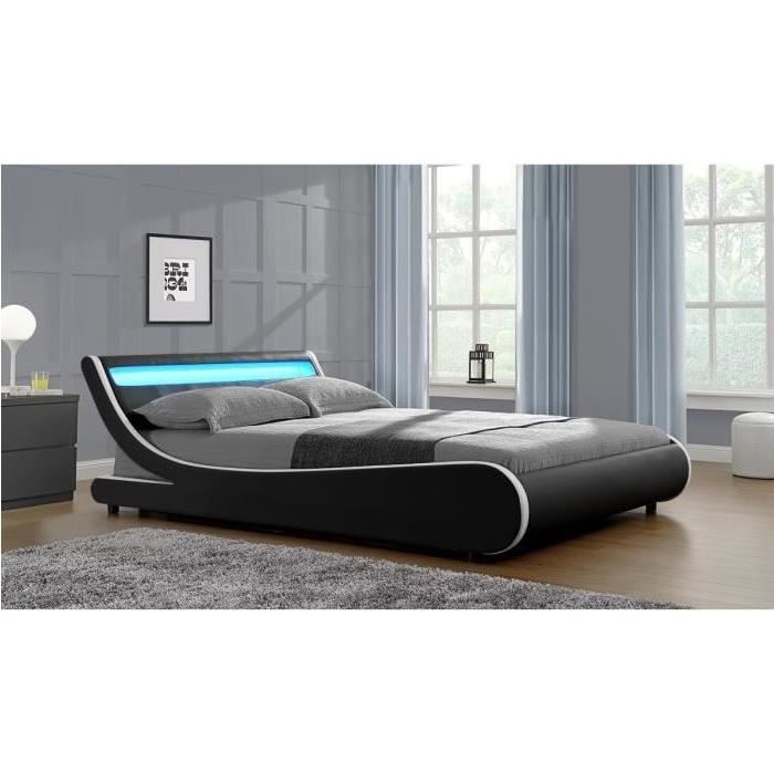 MERCURE Lit adulte contemporain - Simili noir et blanc - Sommier et tete de lit avec LED inclus - l 160 x L 200 cm